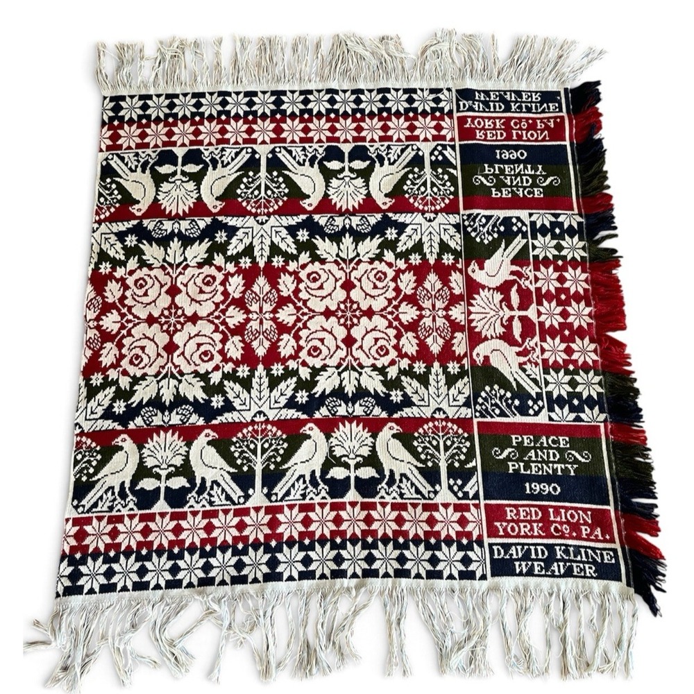Family Heirloom Weavers Jacquard Coverlet Peace Plenty Rose Bird Red Blue Green